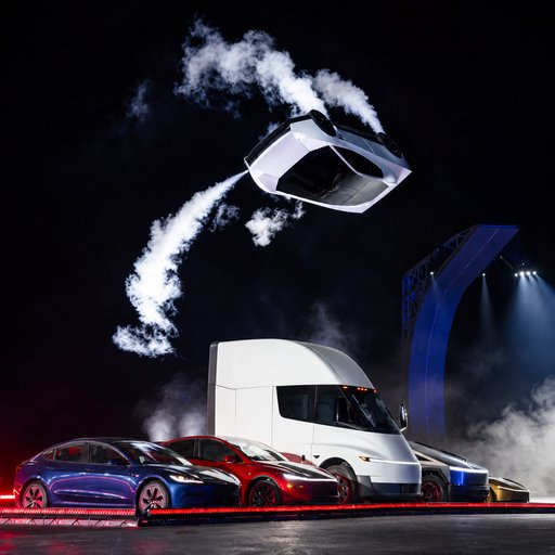 A white Roadster flying on smoke trails above a Tesla Semi, Model 3, Model Y and Cybertruck on a dark stage